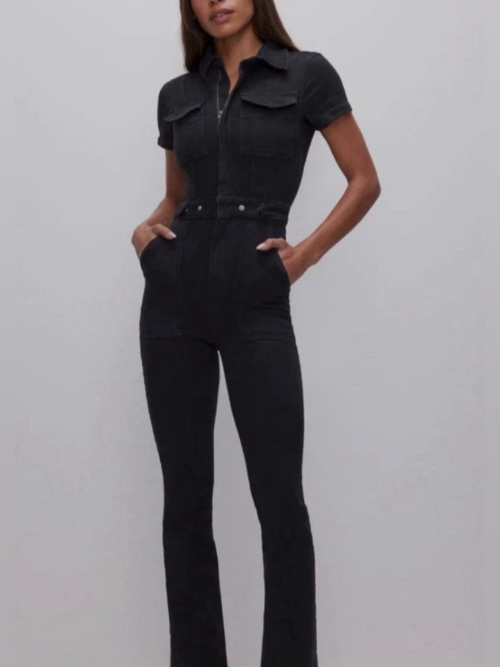Good American Fit For Success Black Short-Sleeve Zip Jumpsuit Large